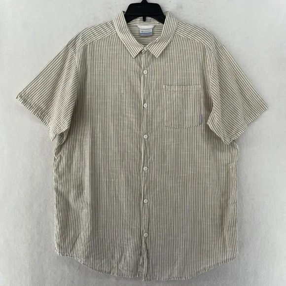 Columbia Shirt Men's Sz L Beige Regular Fit Button-Up Striped Collared Pocket - Picture 1 of 12